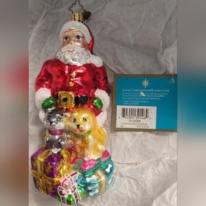 Christopher Radko Four Footed Friends Santa & Pets Glass Christmas Ornament